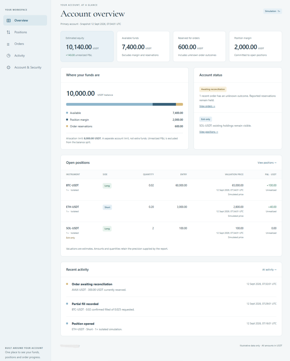 Account overview with balance summaries, fund allocation, positions, and recent activity